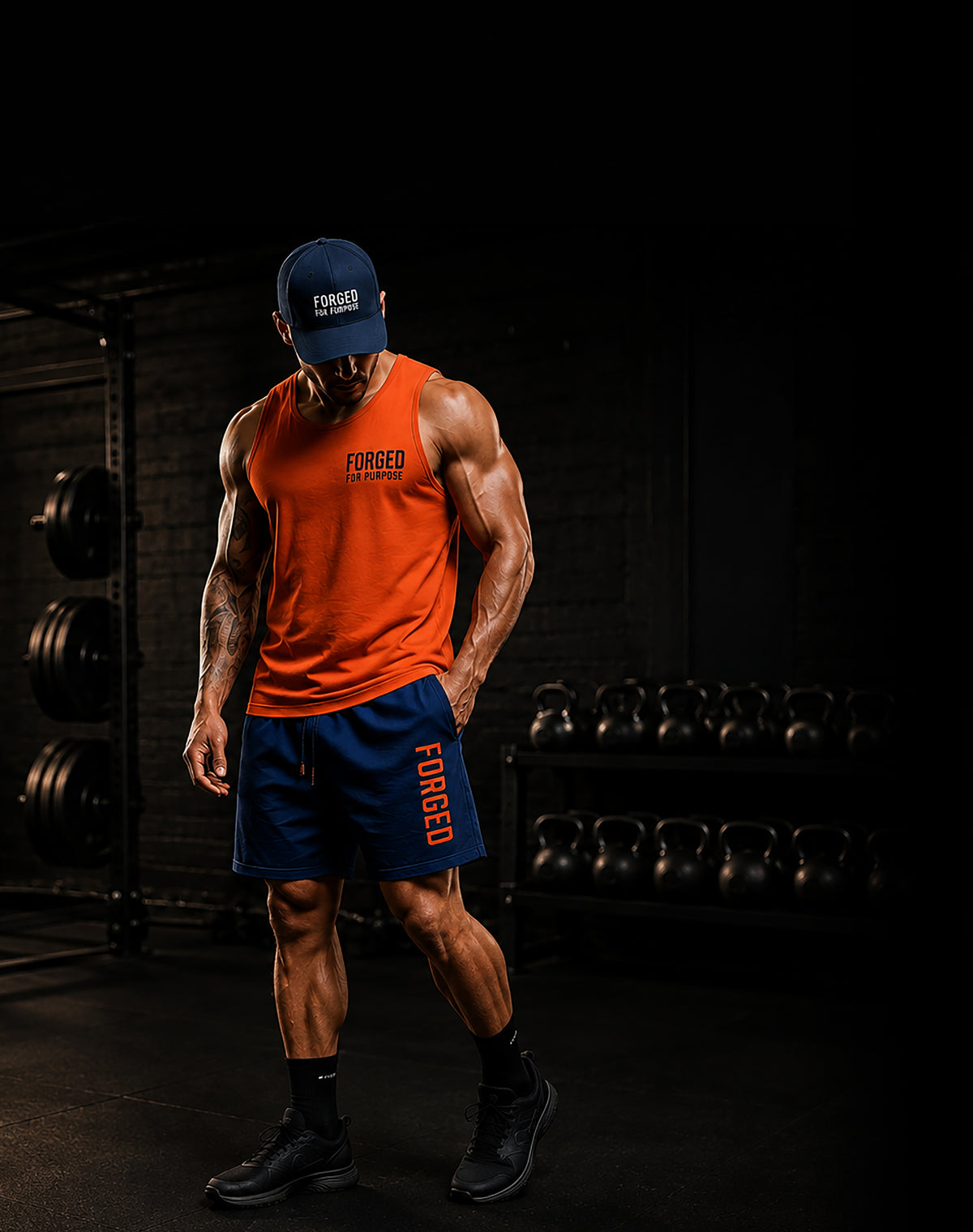 Forged Core Training Tank — front view, orange tank with Forged For Purpose branding in dark gym